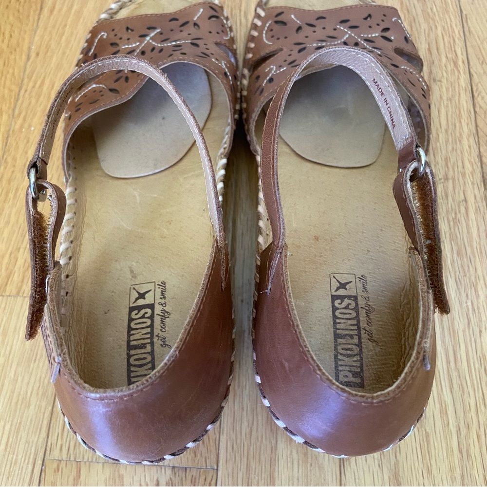 PIKOLINOS Margarita Brown Leather Wedge Sandals Size 41 Cut Out Comfort Boho - Picture 5 of 12